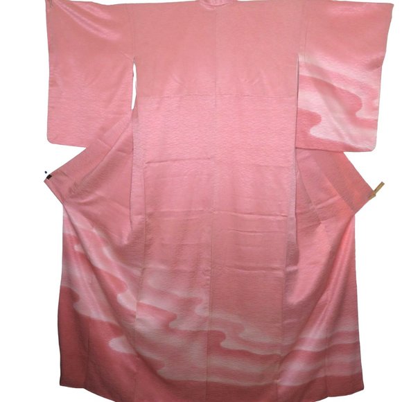Japanese Kimono Silk Houmongi Vintage Pink Coral Peach Wave Water 63in Tsukesage - Picture 2 of 10